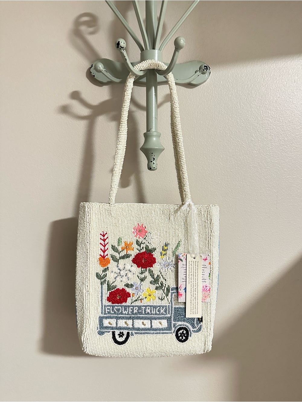 Beaded Floral Truck Tote Bag - Cream